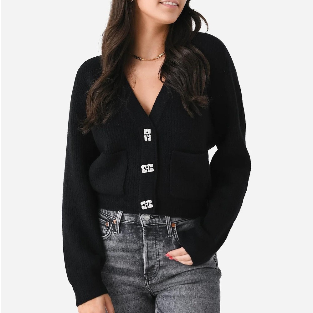 Ganni Cardigan Black Sweater Alpaca Merino Wool Crystal Button Women Sz Medium